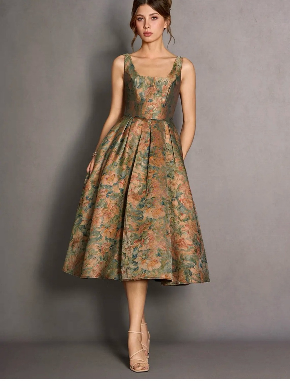 Azazie Atelier Sleeveless Square Neck Floral Tea Length Dress
